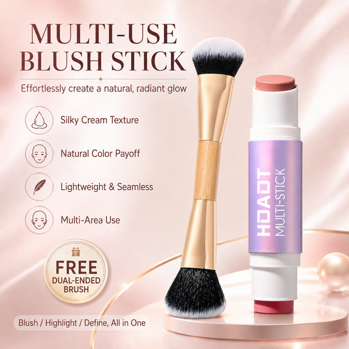 Multi-Effect Moisturizing Makeup Stick + Brush - Double-Ended Cream Blush & Contouring Stick
