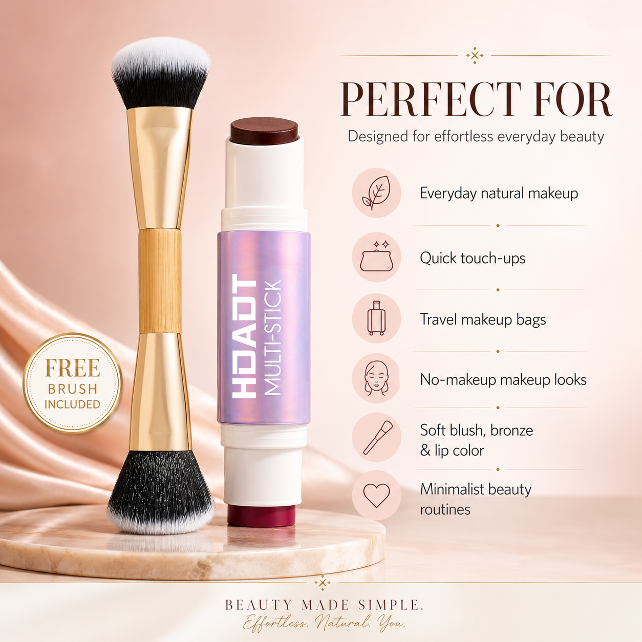 Multi-Effect Moisturizing Makeup Stick + Brush - Double-Ended Cream Blush & Contouring Stick