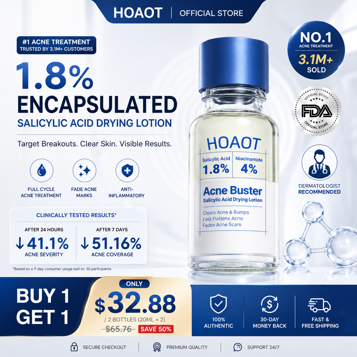 Acne Treatment Lotion | 24H Pimple Care & 7-Day Scar Fade | 1.8% Salicylic Acid, 4% Niacinamide & 10% Sulfur